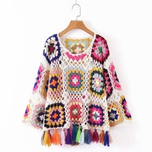 Handmade Rainbow Crochet Sweater with Tassels - White